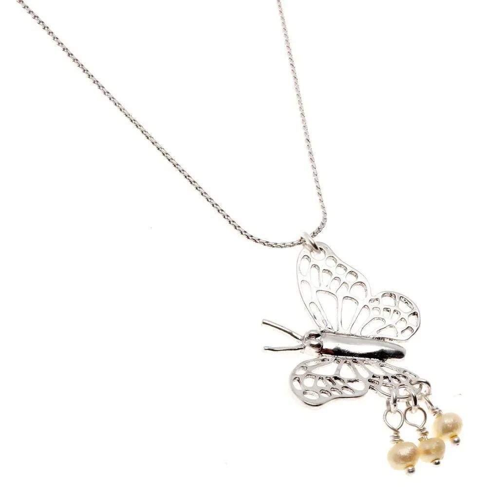 Pilgrim Skanderborg Silvertone Butterfly Cream Bead Ankle Bracelet